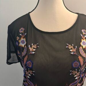 INC Women's Floral Embroidered Top Black Sheer Size M